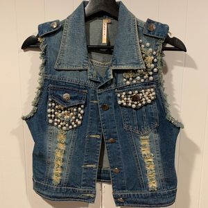 Rhinestone and Pearl denim vest